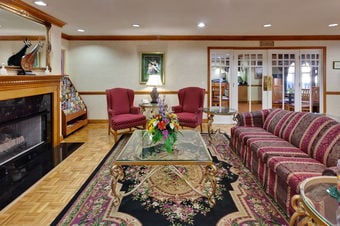 Lobby with fireplace and reading library